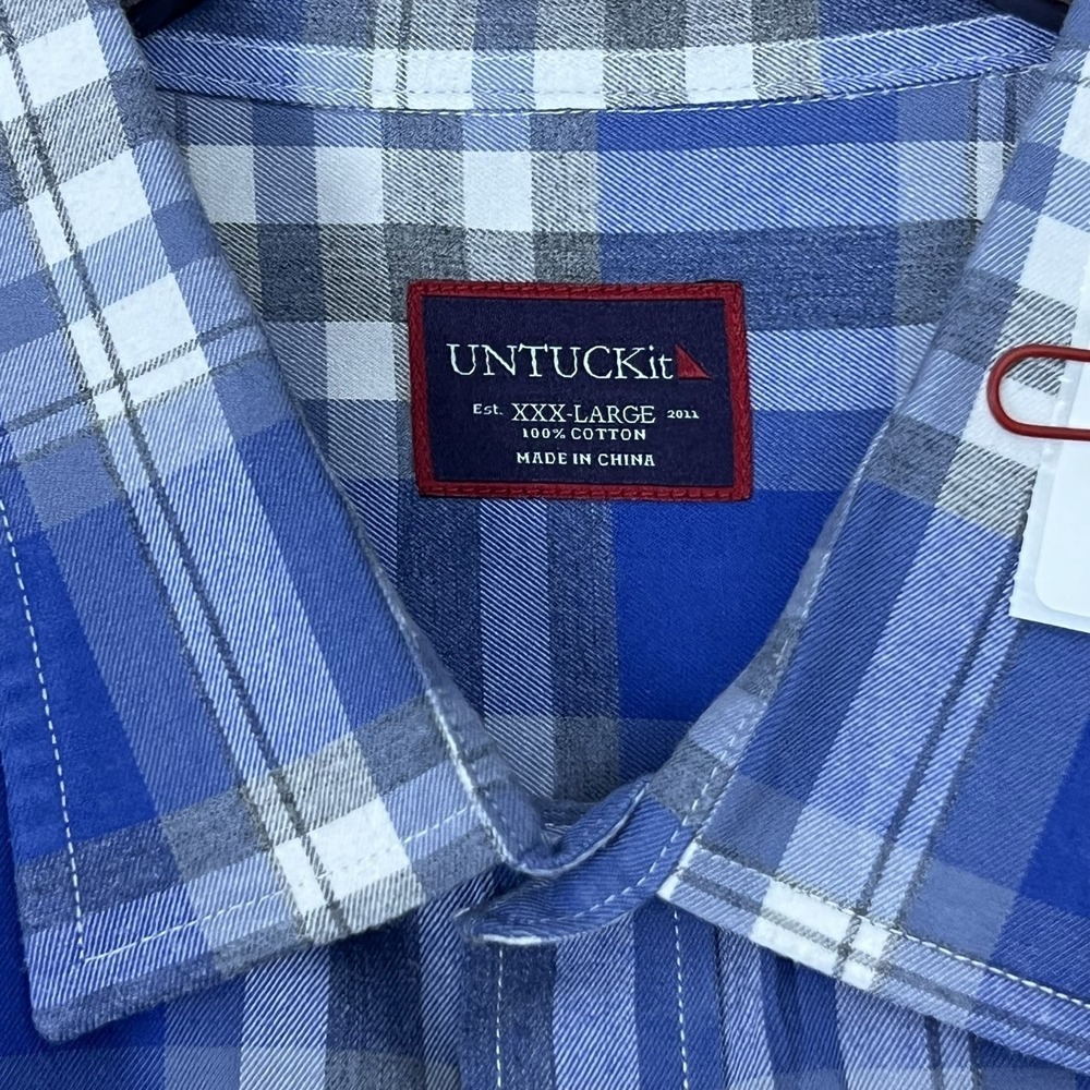 UNTUCKit Shirt Mens XXXL Blue Gray Plaid Button Up Cotton Shirt Long Sleeve